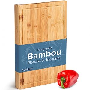 Grande Planche à Decouper Bois Coninx avec Fente à Jus 45x40x2.5cm - Planche À Découper en Bambou Moso Antibactérien pour Légumes, Fruits & Viande - Planche A Tout Decouper Bois Durable