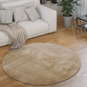 Paco Home - Tapis Rond Salon Tapis Poil Ras Moderne Moelleux Lavable Monochrome Beige 2, 80 cm rond