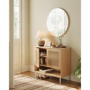 VASAGLE Meuble à Chaussures, Rangement 3 Niveaux pour Chaussures, Étagère à Chaussures avec Portes aspect Rotin, Étagère Réglable en Hauteur, Pieds