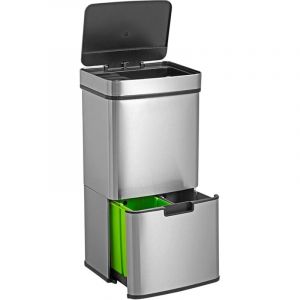 Image de Well home Poubelle de tri 62L (37L+25L), poubelle &agrave; 2 compartiments, ouverture automatique avec capteur, en inox, chrom&eacute;