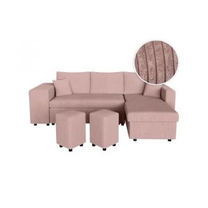 Loungitude Canap&eacute; convertible avec 2 poufs gauche en velours c&ocirc;tel&eacute; - Rose