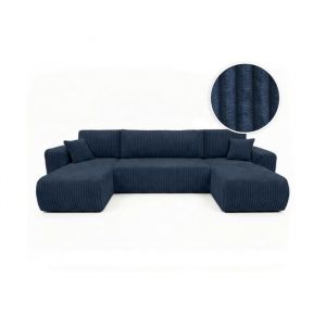 Loungitude Canap&eacute; panoramique convertible 6p ALYA velours cotel&eacute; &eacute;pais Bleu fonc&eacute;