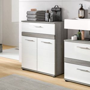 Meuble de rangement 2 porte 1 tiroir gris et blanc brillant - TWYNI