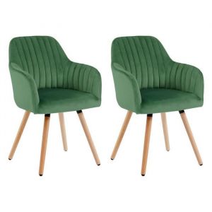 Lot de 2 chaises avec accoudoirs Velours et m&eacute;tal effet bois Vert fonc&eacute; ELEANA