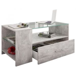 Tindala Table basse avec plateau en verre, 1 tiroir, 3 petits espaces de rangement, aspect b&eacute;ton. - Grise