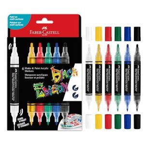 Faber-Castell 285507 - Marqueur acrylique Shake&Paint Black Edition, 6 marqueurs acryliques, marqueur avec 2 pointes rondes (3 mm et 1 mm)