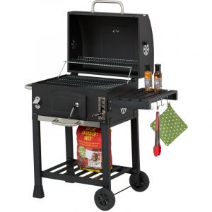Relaxdays Barbecue au Charbon de Bois avec Couvercle, Barbecue avec roulettes, Hauteur réglable, Barbecue de Jardin XXL, Noir/Argent, 1 pièce