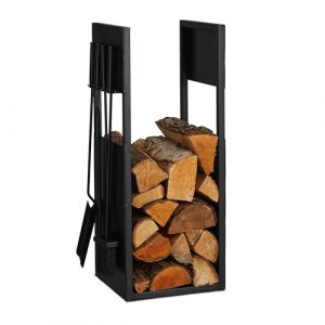 Relaxdays Range-bûches avec Couverts, métal, HxLxP: 76,5x36x30 cm, Support intérieur pour Bois de Chauffage, Noir