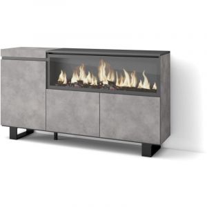 Skraut Home - Buffet salon et cuisine, Meuble de Rangement, Commode, 160, 3 Portes, Cheminée électrique xxl, Design industriel, Style moderne, Gris