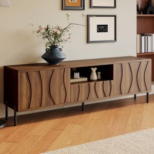 Meuble TV 160 x 35 x 46 cm - Avec 3 portes - Avec espace de rangement ouvert - Pieds en fer - MDF - Naturel