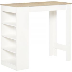 Homcom Table de bar - 2 personnes - 4 &eacute;tag&egrave;res ouvertes - panneau de particules - 115x50x102,7cm - blanc et bois naturel