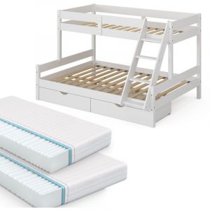 Lit superposé Everest, Blanc, 140x200 / 90x200 cm avec 2 matelas et 2 tiroirs Vitalispa