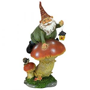 Design Toscano QM211331 Statue de Gnome sur Champignon avec Lanterne Résine