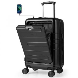 COSTWAY Bagage à Main 20" à Roulettes en PC avec Serrure TSA, Poche Avant, Chargement USB & Type-C, Voyages en Avion, Noir