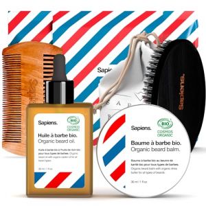 Kit &agrave; barbe - SAPIENS - Coffret Soin Barbe - Huile et Baume BIO - Brosse et Peigne Inclus - Made in France