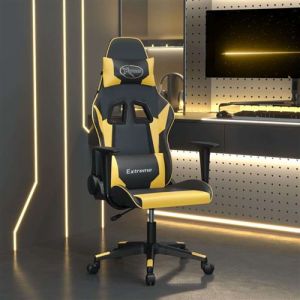 VidaXL Chaise de Jeu de Massage, Fauteuil avec Dossier, Siège avec Roulettes, Meuble Pivotant de Salon Bureau, Noir et Doré Similicuir