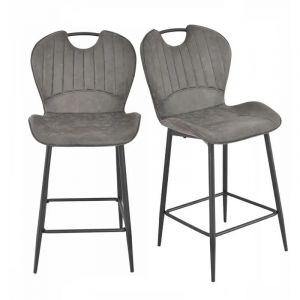 Meubletmoi - Lot 2 chaises bar microfibre gris fonc&eacute; vieilli pieds m&eacute;tal &ndash; willy 2