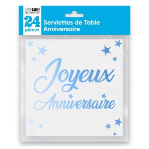 Serviette de table Joyeux Anniversaire blanc et bleue métallisée (x24) REF/STAM00B