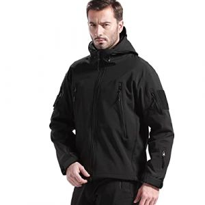 FREE SOLDIER Homme Veste Polaire Veste Militaire Tactique Veste de Ski Imperméable d'hiver Manteau Coupe-Vent extérieur Softshell avec Capuche (Noir,S)