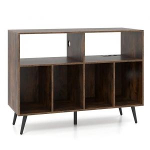 Costway Support De Stockage De Disques Vinyles Avec Station De Charge, 5 Pieds En Métal, Étagères De Rangement, Marron