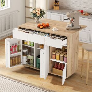 &Icirc;lot de cuisine - Meuble de rangement sur roulettes 120x46x85 cm avec tiroirs, portes et niche ouverte, bois reconstitu&eacute; blanc