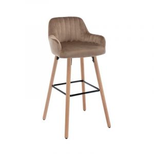 Tabouret de bar en velours et métal effet bois de tre Beige ELEANA