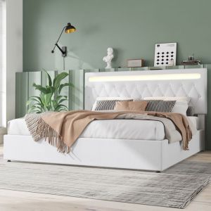 Lit superpos&eacute; 140x200 cm avec bureau, &eacute;tag&egrave;res, LED et port USB, structure m&eacute;tal noir