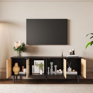 Modfu - Buffet, buffet et armoire 130x75,5x40cm avec 2 tiroirs 3 portes, commode, meuble de cuisine avec étagères réglables, pour salle à