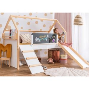 Lit Cabane Enfant - GINGER HOME - 90x200 cm - Toboggan Int&eacute;gr&eacute; - Tableau Noir - Bois Naturel