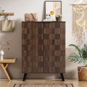 Meuble &agrave; chaussures moderne 80x35,5x110 cm - 2 portes - 5 compartiments - &Eacute;tag&egrave;res r&eacute;glables - Finition imitation bois - Marron