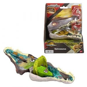 Mattel Jurassic World: Renaissance Coffret Micro Aventures Spinosaure, avec la t&ecirc;te du spinosaure qui s&rsquo;ouvre et int&egrave;gre 4 fonctions interactives, 3 mini-figurines, figurine dinosaure, JGB98