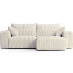 Canap&eacute; d'angle convertible r&eacute;versible 3 places en velours c&ocirc;tel&eacute; beige