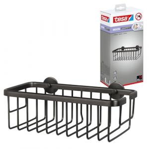 Tesa MOON Etagère de Douche Autocollante, Graphite Brossé - Etage Unique et Extra Profond - Etagère de Douche en Métal, Revêtement PVD - Sans Perçage avec Solution Adhésive - 92 mm x 250 mm x 125 mm