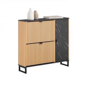 Sobuy FSR203-N Meuble &agrave; chaussures pour entr&eacute;e &eacute;troite, 2 abattants et porte lat&eacute;rale, design scandinave, compact, noir et bois clair, 90 x 24 x 88 cm