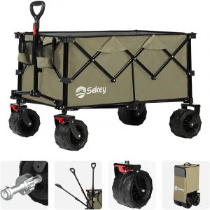 Charrette de Transport avec Freins Pliable avec Roues Tout-Terrain, Chariot Pliable Compart, Chariot de Jardin Pliable, olive verte 200L 150kg - Sekey