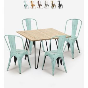 Ensemble Table 80x80cm M&eacute;tal Bois 4 Chaises Vintage de style Tolix Bar Cuisine Hedges Light