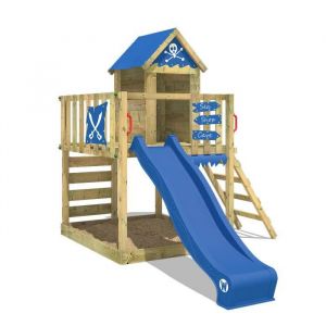 Wickey Aire de jeux Portique bois Smart Life avec toboggan bleu Maison enfant exterieur avec bac &agrave; sable, &eacute;chelle d'escalade