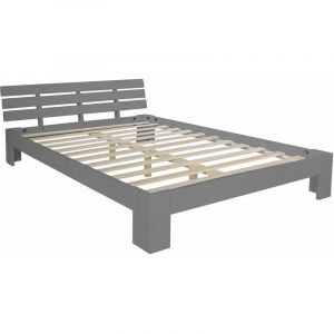 Décoshop26 Lit double 2 personnes pour adulte avec sommier à lattes en bois gris 160x 200 cm - gris