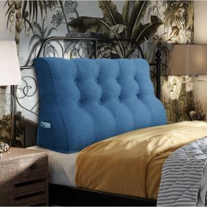 Compensé Coussin de lecture Triangulaire de Repos au lit Dossier Tête de lit Soutien Dorsal Oreiller Décoratif, Bleu Mélange de lin, 120 x 25 x 55 cm