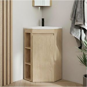 Ensemble meuble sous vasque d'angle sur pieds avec vasque en r&eacute;sine et robinet noir