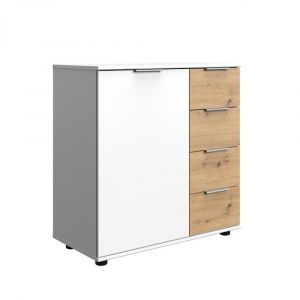 Wimex Commode GIRBO 4 tiroirs 1 porte coloris blanc gris rechampis imitation chêne artisan