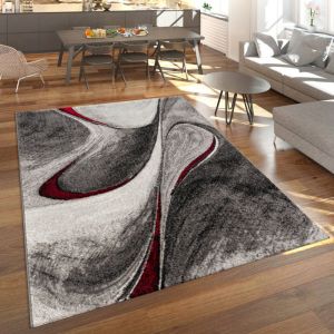 Paco Home - Tapis Moderne Poils Ras Salon Chiné Design Abstrait Gris Rouge Noir 120x170 cm