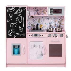Costway Cuisine Enfants 3 - 6 Ans En Bois Avec Téléphone, Tableau Noir, Micro-Ondes, Machine De Glaçons, 7 Accessoires Rose Clair