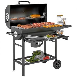 Outsunny Barbecue charbon de bois avec couvercle 2 roues - 2 tablettes pliables, &eacute;tag&egrave;re, thermom&egrave;tre - acier noir