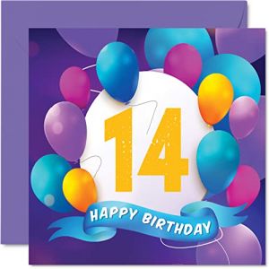 Carte d'anniversaire 14 ans pour garçons filles – Fête au ballon – Cartes d'anniversaire pour adolescents 14 ans – Pour garçon fille frère sœur fils fille petit-fils petite-fille 145 mm x 145 mm