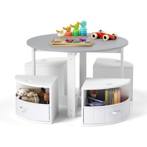 Coast Children's Table and Chair Set - Table ronde gigogne avec 4 tabourets et tiroirs de rangement - Gris/Blanc/Naturel - 79x79x51 cm