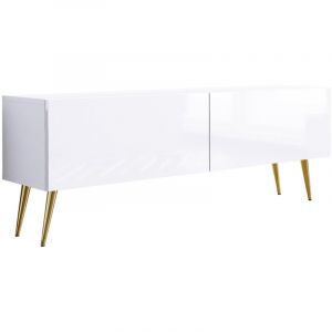 Meuble TV : Blanc Mat/blanc Brillant, Pieds Dor&eacute;s, L: 140 Cm, H: 52 Cm, P: 32 Cm,