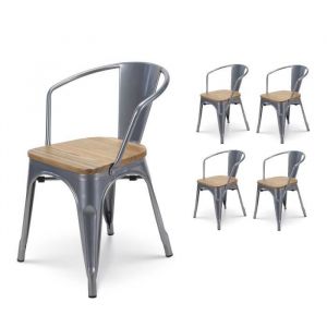 Image de Kosmi Lot de 4 chaises en métal gris argenté style industriel avec assise en bois clair - Avec accoudoirs