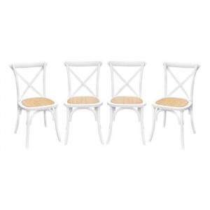 Sweeek Lot de 4 chaises de bistrot en bois d'hévéa blanc vintage assise en rotin empilables