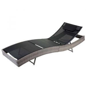 Chaise longue transat bain de soleil pour jardin poly-rotin gris housse noir